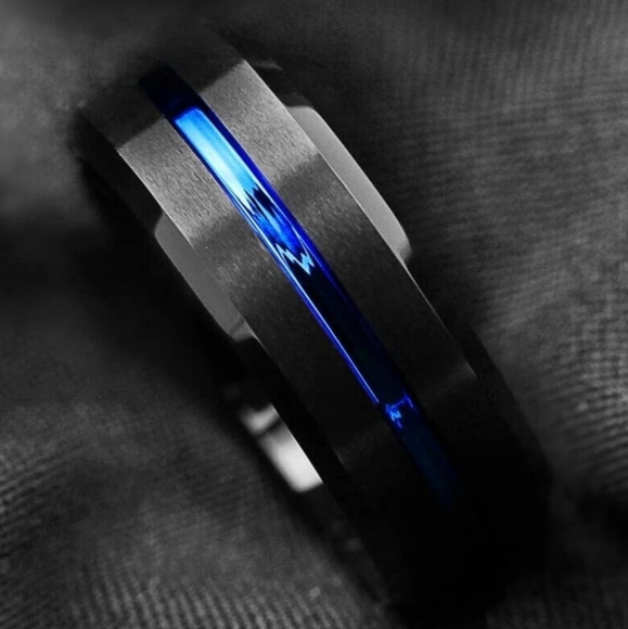 8MM NWT Stainless Steel Black with Center Blue Streak Ring, Size 10 - Picture 3 of 8